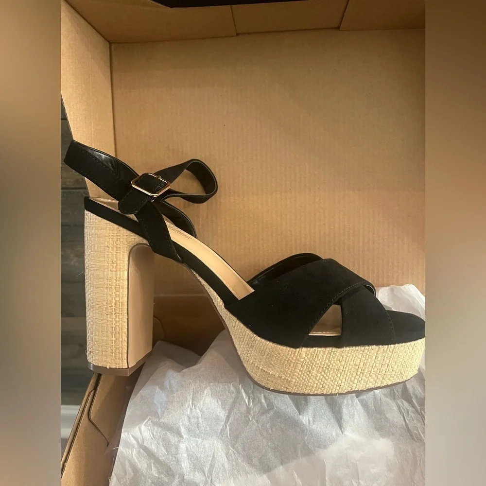 Shoedazzle‎ Tina Crossover Sandals Black Raffia Block Heel Ankle Straps Size 9.5 - Picture 11 of 14